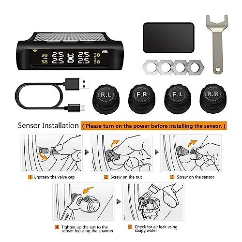 Vaoyao Tire Pressure Monitoring System Tpms, Solar Power Universal Wireless Car Alarm System With 4 External Sensors, Lcd Real-Time Display 4 Tires' Pressure & Temperature Alerts Ensure Safe Driving #TOP6