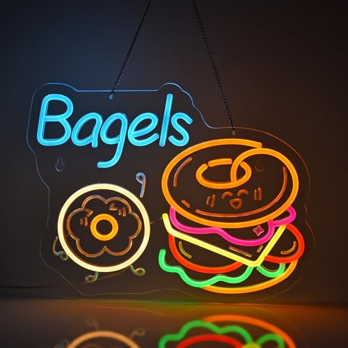 Image of Bagels Neon Sign, Neon Lights Hanging Wall Art Decoration for Store Retail Shop Market Mall Grocery Bakeries Cafe Celebration Home Decor, USB Powered Ultra Bright Dimmable, 15.75*12.2 inches