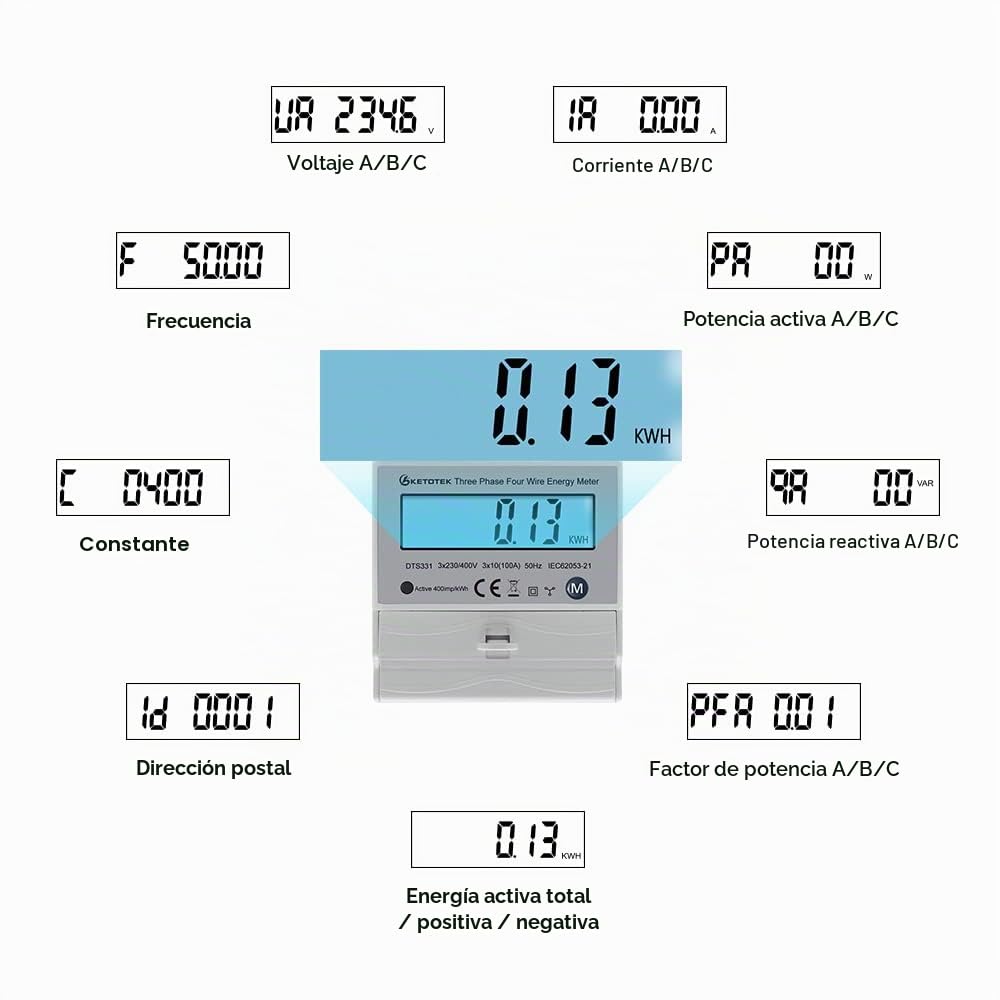 KETOTEK Contador Trifásico Carril DIN Vatímetro de Medida Bidireccional Multifuncional Visualización Trifásica de Consumo de Energía Import, Export y kWh Total, 3 x 230V/400V, 50/60Hz DTS331