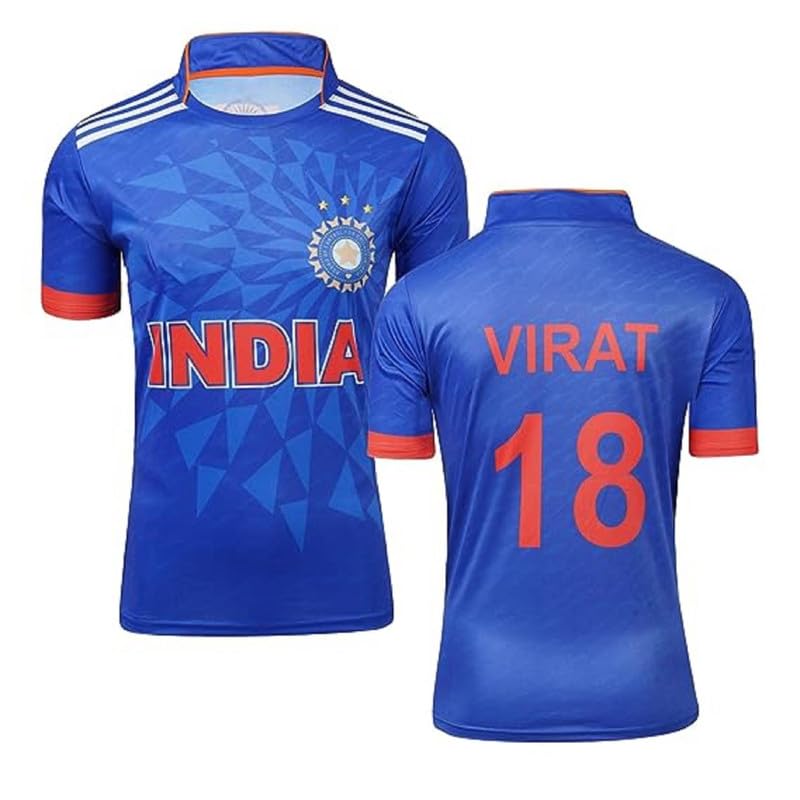 GenericVirat Kohli 18 T20 Cricket Team Blue Half Sleeve Tshirt 2024 for Men and Kids
