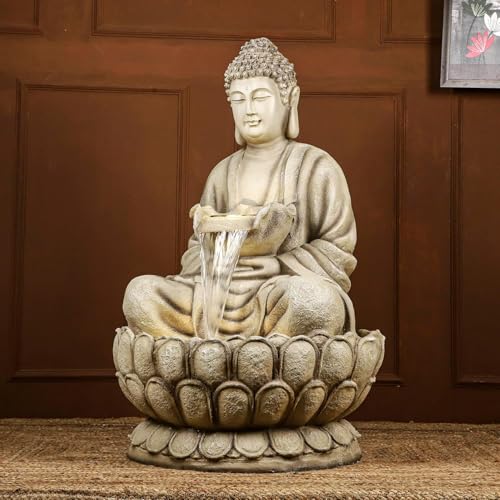 Image of 44 inch Kamal Buddha Water Fountain for Home & Garden|Fiber Buddha Fountain with LED Light|Indoor Outdoor Fountain for Vastu & Positivity (Beige, 44 inch Super Buddha Fountain)