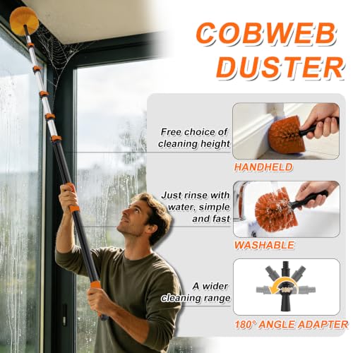 Image of Buyplus 30FT Reach Solar Panel Cleaning Brush Kit with 5-24FT Telescoping Pole, Water Fed Window Cleaner Tool with 20 inch Brush, Soap Dispenser, Cobweb Duster, Squeegee for Roof, RV, Gutter, Deck,Orange