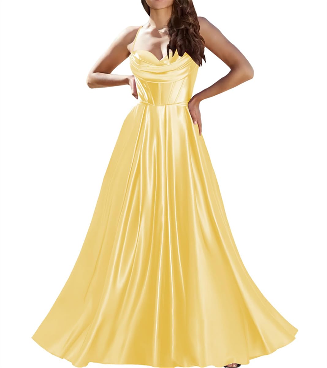 Sayno Women's Yellow Bridesmaid Dresses With Pockets Satin Spaghetti Straps Formal Ball Gowns Uk14
