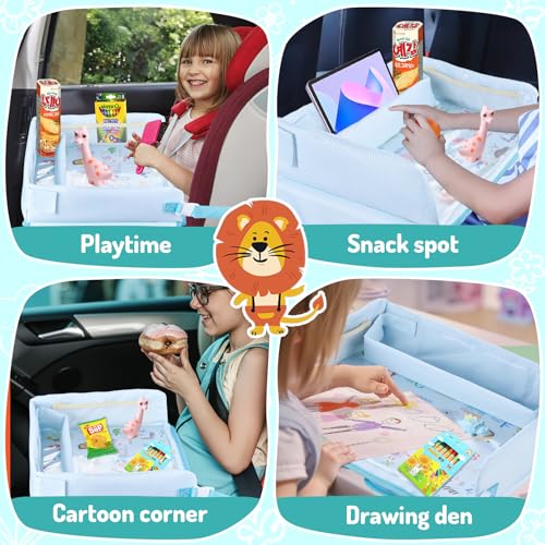 Image of Car Seat Tray for Kids - Toddler Travel Essential Car Activity Table, Waterproof Snack Tray for Eating, Lap Desk Organizer, Airplane Travel Essentials, Girl Boys Car Accessories - Blue