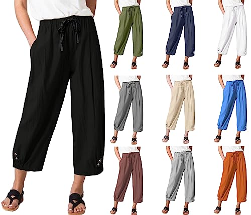 Womens High Waist Casual Wide Leg Loose Linen Trouser Capri Wide Leg Cropped Pants with Drawstring2