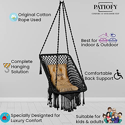 Image of Patiofy Made in India Premium Rectangle Shape Swing for Balcony /Hammock Hanging Swing Chair for Adults for Home /Jhula for Adults with Golden Cushion & Accessories for Patio, Garden (Black)