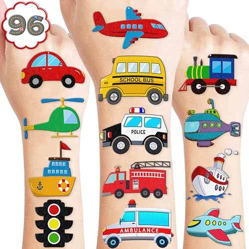 Transportation Temporary Tattoos Birthday Themed Party Supplies Decorations Favors 8 Sheets 96PCS Vehical Decor Cute Stickers Tattoo for Class School Prizes Gift for Kids Boys Girls Carnival Rewards
