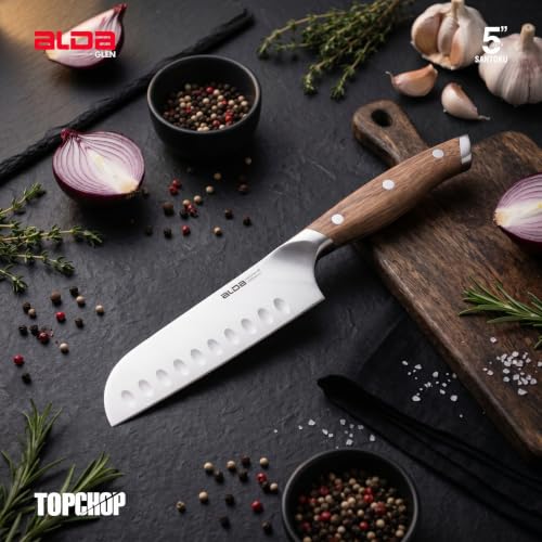 Image of Alda Top Chop Santoku Kitchen Knife 5 Inch - German Stainless-Steel Blade, Granton Edge Grooves, Acacia Wood Handle, Professional Knife for Chopping Cabbage, Carrot, Beetroot & Sweet Potato, 57 HRC