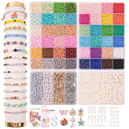 OIOYCLG selber machen 3mm+4mm Perlen für Armbänder Schmuck Set Perlen zum Auffädeln, Mit Buchstaben und Niedlich Anhänger,Geschenke für Erwachsene & Kinder für Weihnachtsferien,Geburtstags,Partys