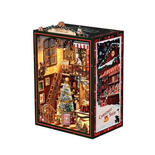 BATTREVO DIY Christmas Shop Mit Musikbox-Bauspielzeugset mit LED Licht Book Nook Kit für Erwachsene Holzpuzzle DIY Miniatur Haus 3D Puppenhaus Bookshelf Decor Bücherecke