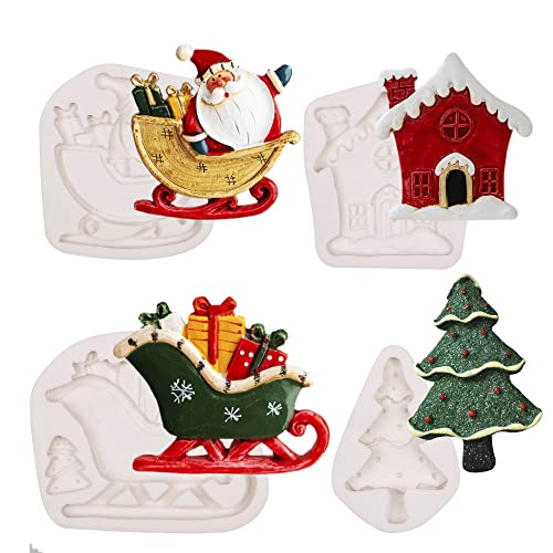 Christmas Silicone Fondant Mold, Santa Claus Chocolate Molds, Sled with Gift, Christmas Tree for...
