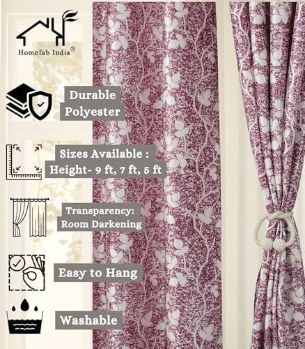 Image of Homefab India 1 Piece Polyester Printed Curtains Room Darkening Panel - Long Door 9 feet, Petals Wine Curtain
