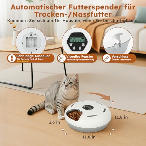Futterautomat Katze Nassfutter Katzenfutter Automat mit Kühlung, Nassfutterautomat für Katzen Kabellos, 6 Mahlzeiten Katze Hund, 2 Kühlakkus, Automatischer Futterspender Hund mit Akku Timer