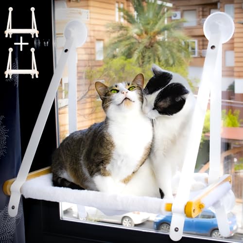 Hamaca Ventana para Gato con Madera de Bambú  5 Ventosas 3.0 Super Resistentes   Cama Gato Ventana con Tela de Peluche   Instalación Facil (Manual Incluido)   [Hamaca Noah, 2 Unidades]   Budosín