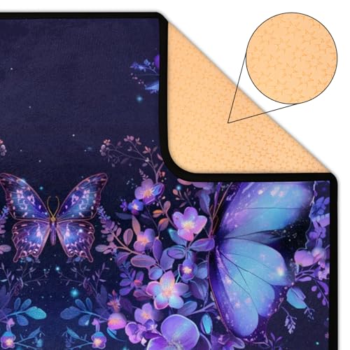 Tapis imprimé papillons et fleurs salon lavable antidérapant