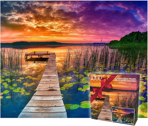 Puzzles for Adults 1000 Pieces – Ideal Gift for Loved Ones, Gift-Ready Box, Letters on Back, 8 Jigsaw Puzzle Saver Sheets & Full-Size Poster – Scenic Landscape Sunset with Dock & Lilies by GERJATO