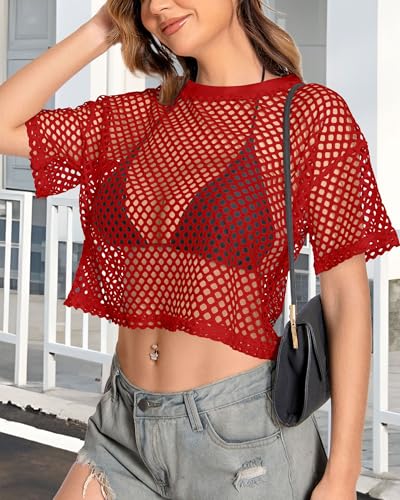Image of Women's Mesh Top Fishnet T Shirts Sheer Loose Short Sleeve See Through Crop Tops