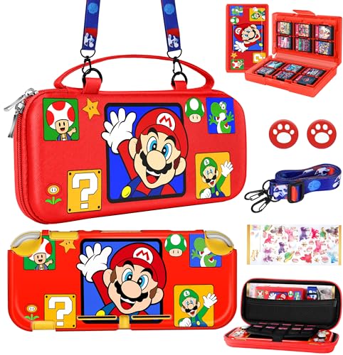 for Nintendo Switch Lite 7 in 1 Storage Accessories Kit with Travel Carrying Case+Switch Lite Protective Cover+Game Case Holder+Strap+Sticker+2 Thumb Caps Cute Shell for Kids Girls-Red