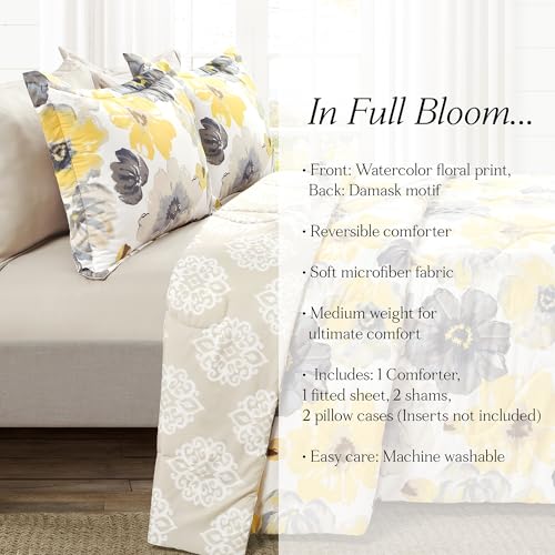Image of Lush Decor Leah Reversible Comforter Set, 6 Piece Set, King, Yellow & Gray- Watercolor Botanical Comforter Queen Size-Farmhouse Florals Bedding Decor