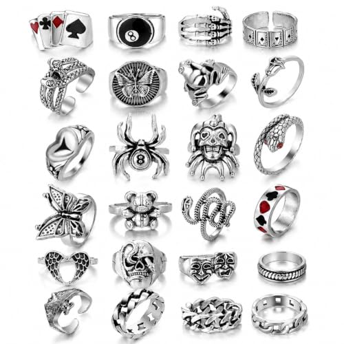 KISS WIFE Cool Rings Set for Women, Vintage Silver Punk Rings Bulk, Gothic Chunky Knuckle Emo Stackable Finger Ring Pack Western Jewelry Gift for Her (Gothic)