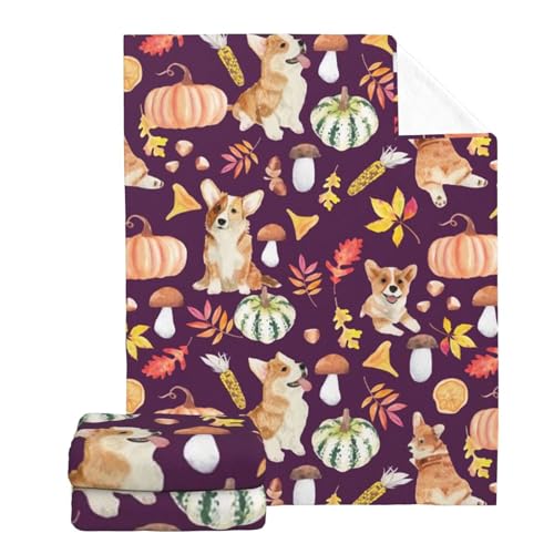 Flannel Fleece Plush Throw Blanket,Cute Welsh Corgi Fall Party Pumpkins Mushrooms Throw for Spring Recliner,Home Bed Sofa Couch Blanket Washable for Adult Kid Birthday Christmas 50"x40"