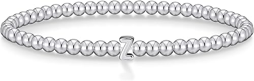 Wowshow Mothers Day Gifts Silver Bracelets for Women, Stretch Initial Silver Bea