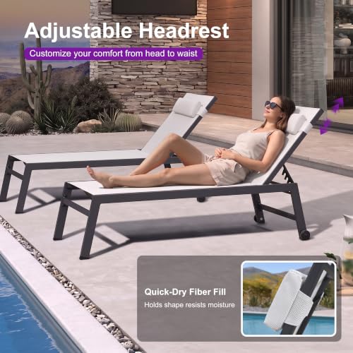 PURPLE LEAF Outdoor Oversized Lounge Chair Set of 3 Patio Chaise Pool Lounger Aluminum Frame with Side Table and Wheels for Outside Sunbathing Tanning Recliner Including Pillows White — view 6