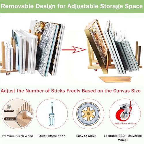 Image of Artwork Storage Rack with Brake Caster Wheels,Art Drying Rack, Canvas Storage Rack,Wood Storage Stand for Drawing Board, Prints, Perfect for Studios,Galleries, Museums, Art Venues (12in)