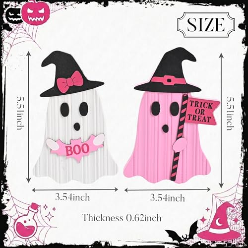 Valery Madelyn Pink Halloween Decor, Set of 2 Cute Halloween Ghost Decor, Witch Hat Boo & Trick or Treat Wooden Tabletop Signs for Home, Shelf, Tiered Tray Party Display, 5 Inch - image 5