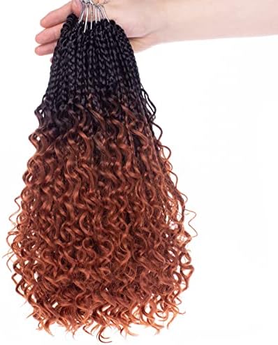 Unionbeauty 14 Inch Boho Box Braids Crochet Hair Curly Ends Ombre Black Copper red Ginger Pre-looped 8 Packs Goddess Braids Bohemian Hippie Braids Synthetic Braiding Hair Extension for Black Woman 1B/350#