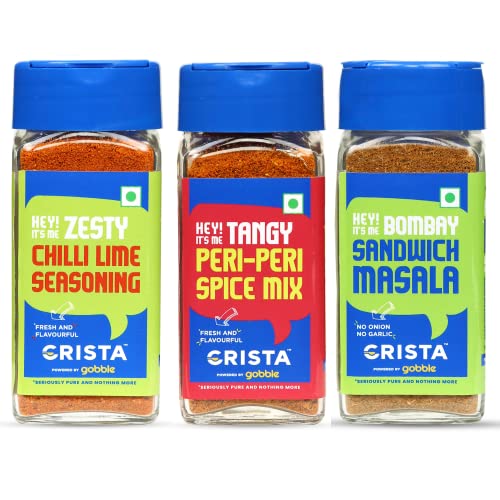 Image of CRISTA International Seasonings Combo Pack - 4 | Sandwich Masala, 50 gms | Chilli Lime Seasoning x 1, 50 gms | Peri-Peri Mix x 1, 45 gms | Zero added Colours, Additives & Preservatives | Pack of 3