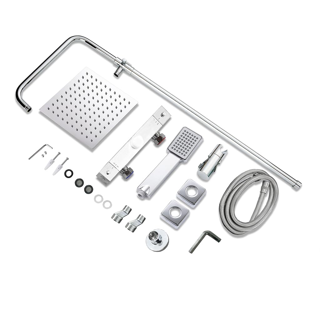 OCEAN ITALY Doccia Soffione 20x20cm in Acciaio Inox con Cromatura, Colonna Doccia con Miscelatore Termostatico, Set Doccia Quadrato, Antiscottature e Anticalcare