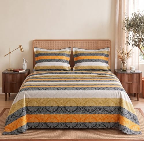 Image of BSB HOME 240 TC Cotton Double Bedsheet with 2 Pillow Covers, Soft & Breathable Bed Sheet for Double Bed, Fade & Wrinkle Resistant, Floral Print, 90 x 100 Inches (228 x 254 cm) - Damask Stripe