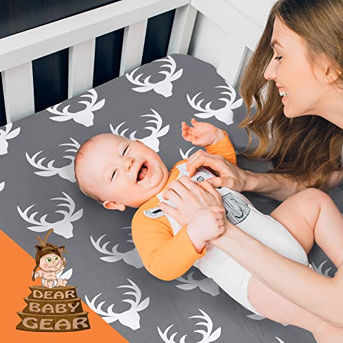 Image of Dear Baby Gear Deluxe Baby Crib Sheet - Cotton Polyester Infant Sheets - Soft Machine-Washable Crib Mattress Cover - Newborn Nursery Bedsheet - White Antler on Charcoal Gray Print, 52 inchx28 inchx10 inch
