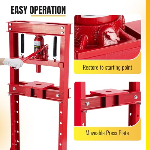 Image of Garvee Hydraulic Press 12 T, Hydraulic Shop Press, H Frame Benchtop Hydraulic Press with 2 Press Plates, Garage Floor Shop Press, Adjustable Work Table Height, Heavy Duty Press, Red