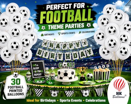 Image of HK Balloons 30 Pcs Football Printed Balloons for Football Theme Birthday Party Decorations | Soccer Ball Printed Latex Balloons for Kids Boys Sports Theme Party, School Events & Celebrations | White