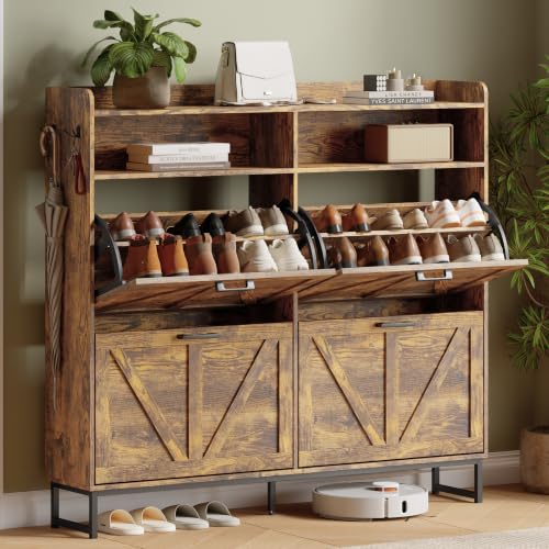 Image of Shoe Cabinet with 4 Flip Drawers, Freestanding Hidden Shoe Storage Organizer for Entryway, Narrow Slim Shoe Rack Cabinet with Open Storage & Hooks for Front Door Entrance, Living Room, Hallway, Brown