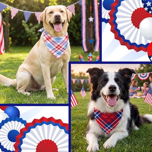 Image of Abbylike 50 Pcs Veterans Day Dog Bandanas Bulk, Red White and Blue Plaid