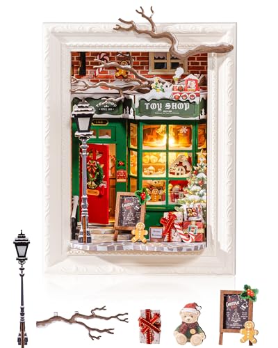 Rolife 3D Diorama Frame, Wall-Mounted Shadow Box & Dollhouse Display Case for & Christmas Decor, Quick-Build Unfinished Kit, Halloween Memorial Gift for Families (Santa's Toy Shop)
