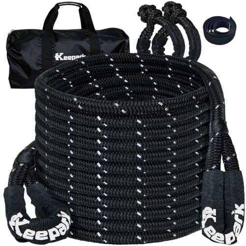 Kinetic Recovery Tow Rope Kit - 35% Stretch, 5/8inch x 20ft 15,100lb Breaking Strength Tow Strap with 2 Soft Shackles - Black