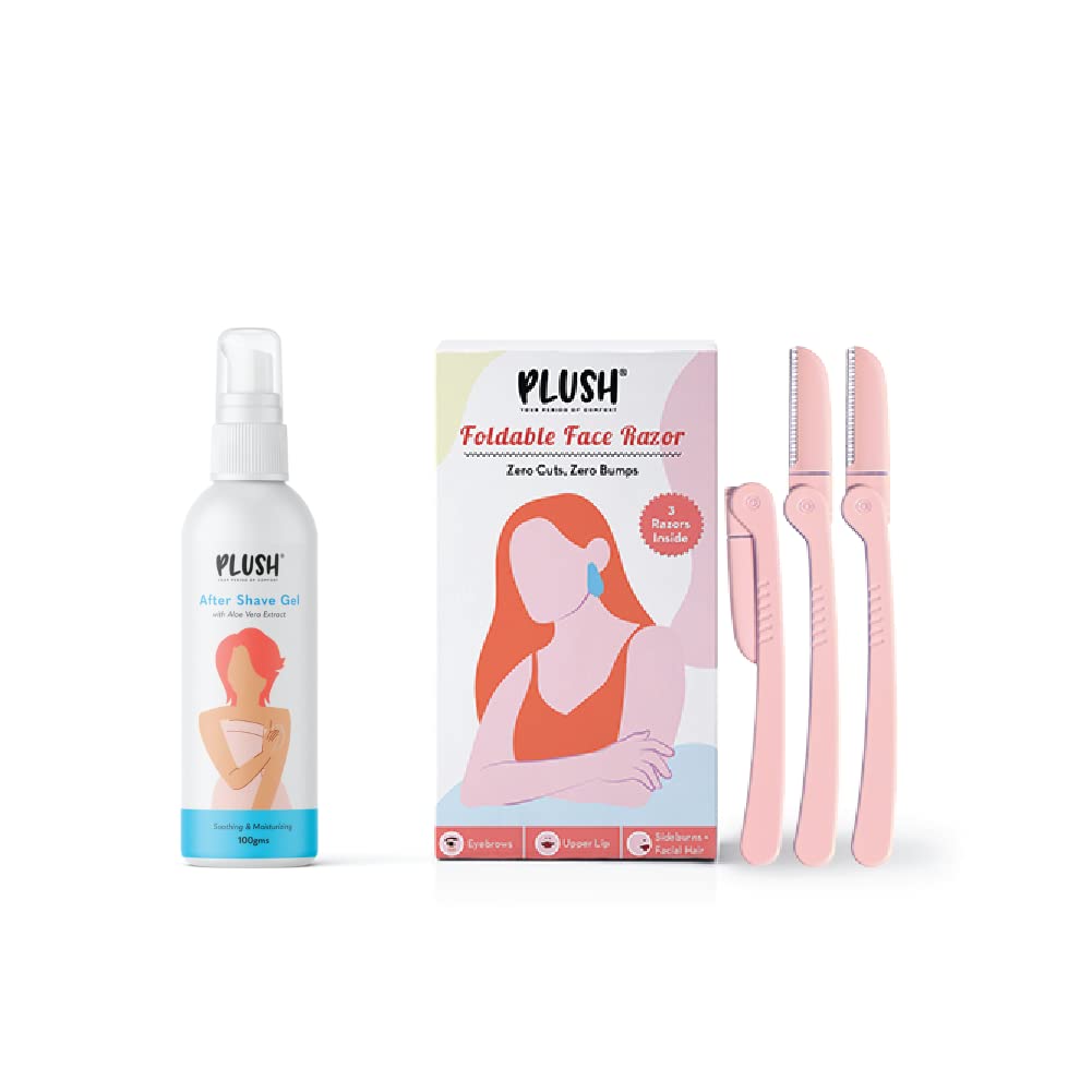 Plush Face Razor for Women - Pack of 3 & After Shave Gel 100gm | Foldable & Reusable Face & Eyebrow Razors | Painless and Instant Hair Removal at Home for Upperlips, Forehead, Sideburns and Eyebrow