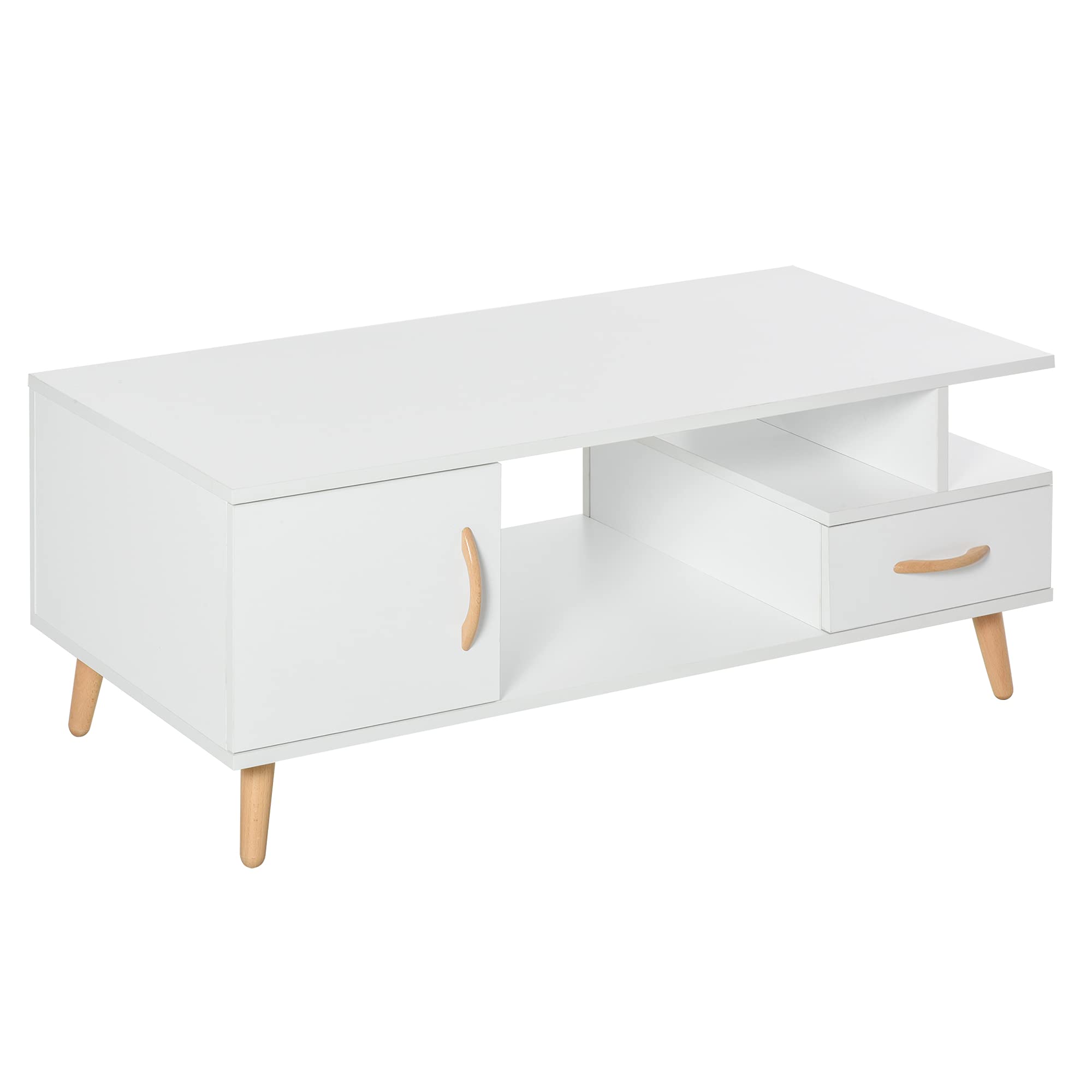 HOMCOM Coffee Table White with Drawer & Storage - Minimalist Wood Legs - 100cm