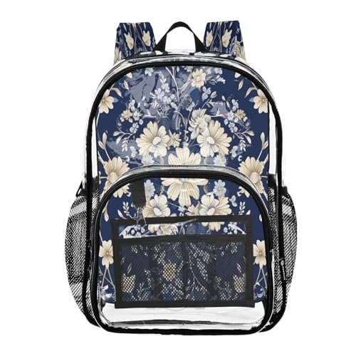 Blue White Pattern Clear Backpack - Stadium Approved Large 15.7-inch Waterproof Transparent Bag for Sports, Concerts, Work, Travel#136