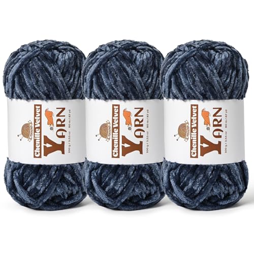 Image of 3 Pack Plush Chenille Chunky Yarn - Fluffy Velvet Yarn Crochet for Blanket Knitting and Crocheting - Soft Baby Yarns for Crocheting - Amigurumi Crochet Yarns 100g (87yds) (3 Navy Blue)