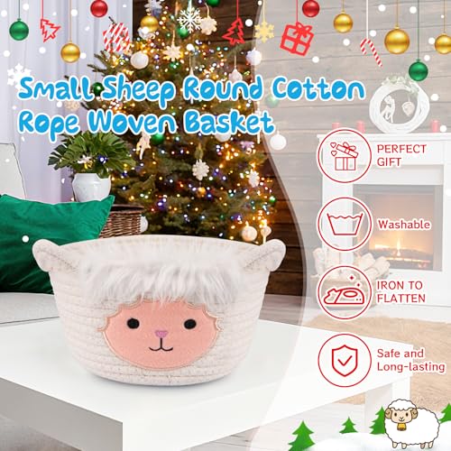 Image of Small Storage Basket for Nursery, Sheep Woven Animal Gift Basket | Round Woven Rope Cotton Storage, Baby Blanket 0rganizer with Ears Handles, Blanket Towel Decor Storage Bins, 8.2 inchD x 4.7 inchH IN