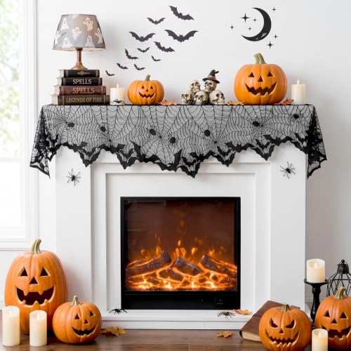 Image of Black Lace Cobweb Halloween Fireplace Mantel Scarf Cover Decor, 18x96 in