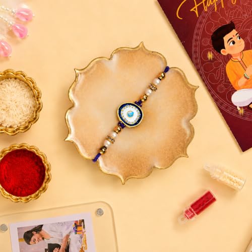 Image of Art Street Evil Eye Rakhi Gift Hamper with Personalized Acrylic Photo Frame, Evil Eye Rakhi, Greeting Card, Roli Chawal & Premium Gift Box | Raksha Bandhan Gift for Brother