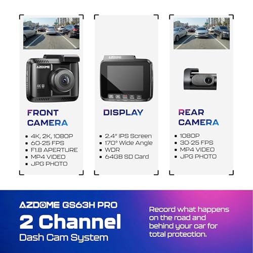 Image of AZDOME 4K UHD Dash Cam for Car Front and Rear| STARVIS Sensor| 2160P WiFi Dash Camera| GPS Logger & ADAS| 170 Wide Night Vision DashCam|2.4 inch Screen| G-Sensor|Emergency Recorder| Parking Mode| 256GB