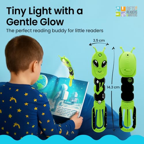 Image of Gifts for Readers & Writers Bookmark Reading Light Alien Green - 2in1 Clip On Bookmark Kids Book Light for Reading Night in Bed, Travel Cute Book Lights, Flexible 8 Lumen LED Lights for Books