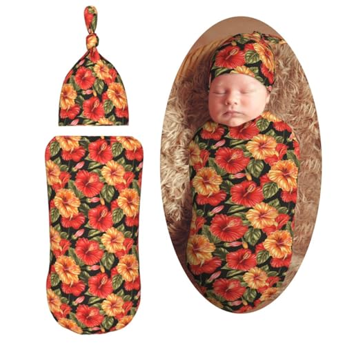Image of Hibiscus Flowers Newborn Swaddle Blankets Hat Sets Soft Baby Receiving Blanket Swaddle Sack for Baby Shower Infant Boy Girl Gift